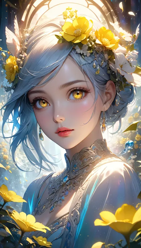 Rape flower landscape, bright canvas, The petals are fluttering, Transparent holographic reflection, A surreal landscape made of flower petals, Leaves viewers speechless, 
A beautiful world, 1 Uzbek woman, detailed eyes, Yellow eyes, detailed lips, very de...