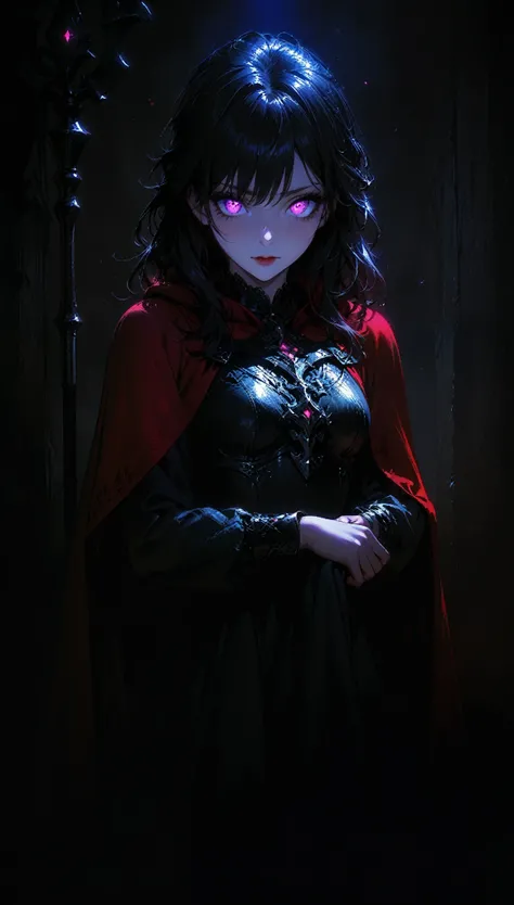 (full body portrait), 1girl, solo, holding weapon, staff, (long black hair), detailed face, mischief expression, pale white skin, pink eyes, (detailed eyes), long eyelashes, black eye liner, red lipstick, black tunic, red cloak, long dress, leather glove, ...