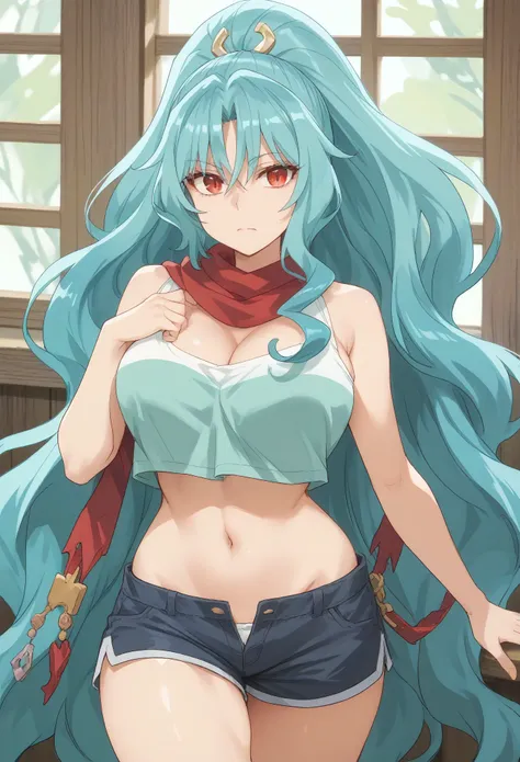 long hair aqua hair ponytail red eyes,slit pupils,big breast,,top tank,shorts,midriff,navel
