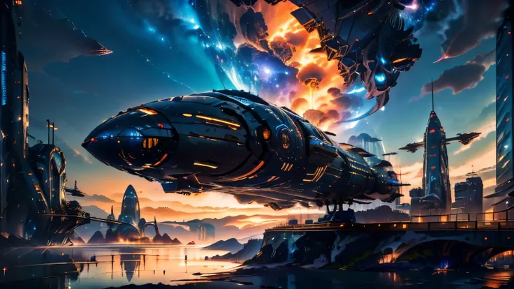 super spaceship shaped like a ship hovering over a large lake, ultra detalhada, city in the distance, a nebula lighting up the s...