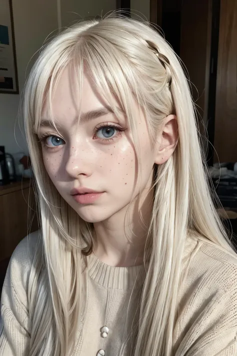 Woman, long white hair, bangss, freckles on the face, tattoos, brown sweater. 