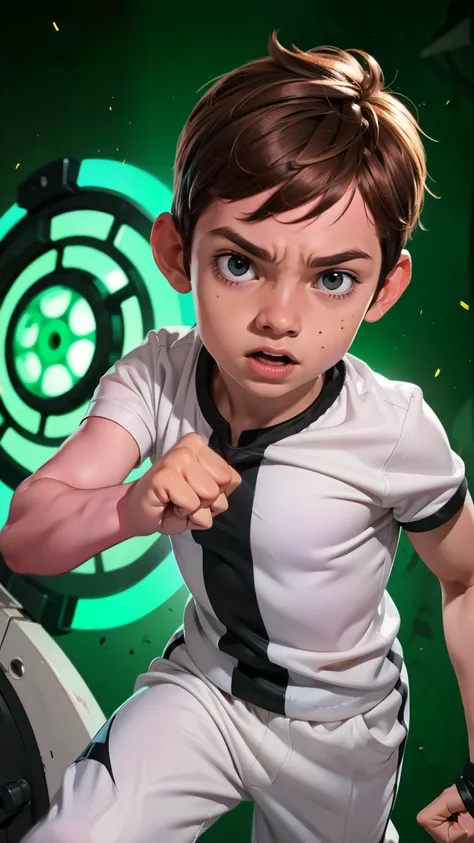 movie poster, ben 10 ((a child, 6 years))), ((wearing a white outfit with black stripe in the center, showing fist. machine on a...