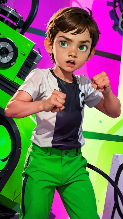 movie poster, ben 10 ((a child, 6 years))), ((wearing a white outfit with black stripe in the center, green pants, showing fist....