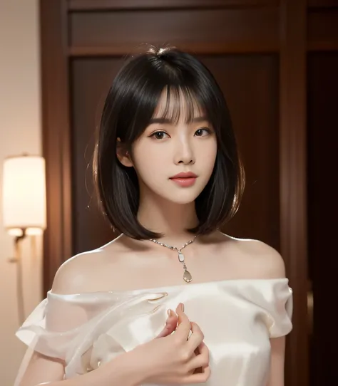 An Asian woman in her 50s taking a photo in a white dress, Beautiful Korean Women, Gorgeous Young Korean Woman, Short black hair with bangs, Short Hair, Beautiful young Korean woman, Short Hair with bangs, She has black hair with bangs, Cute Korean Actress...