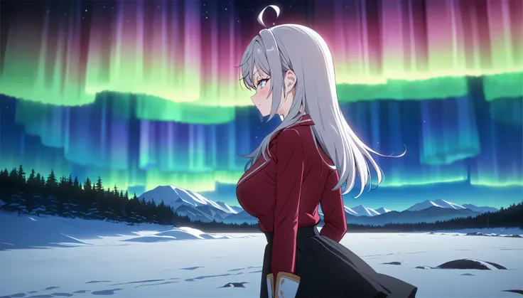 alisa mikhailovna kujou,tokidoki bosotto roshia-go de dereru tonari no arya-san, snow-covered landscape, midnight, stunning aurora, girl gazing at aurora, big breasts, slim waist, white skin, beautiful, petite, fine hair, beautiful hair, warm coat, cozy, b...