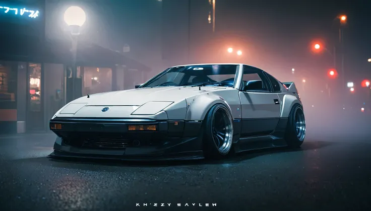 (complex parts:1.2), (realistic), (masterpiece), (photo), Cinema Lighting, Cyberpunk city, fog, Nissan Fairlady Z 300ZX sports Machine Z32 1983, 地上Machine両, Machine, No people, landscape, One, Machine両フォーカス, at night, front quarter, リバティウォークWide body, Wide...