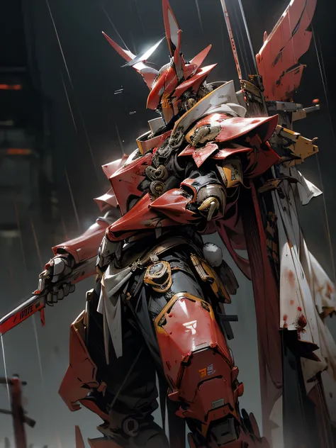 mecha, rabbit, huge hand blade robot, black, red, and yellow, male strong rabbit mecha, realistic background, bloody rain, blood armor, blood spike, rabbit armor, big mecha, big armor, heavy layer armor