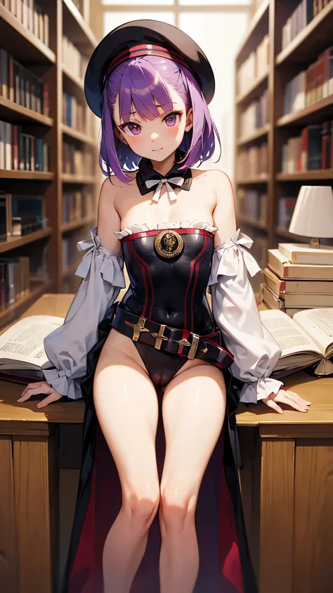 NSFW,masterpiece,Highest quality,High resolution,Very detailed,Helena Blavatsky(Fate/grandorder)、Purple Hair、short hair、（Purple eyes：1.1）、Shoulder Bare、belt、beret、ribbon、- Detachable collar、Removable sleeves、hat、leotard、紫色のhat、紫色のleotard、赤いbelt、白いribbon、Wh...