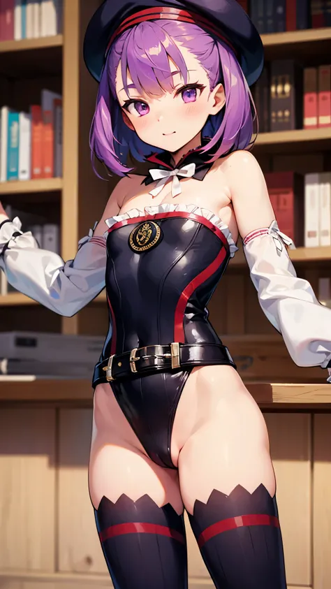 NSFW,masterpiece,Highest quality,High resolution,Very detailed,Helena Blavatsky(Fate/grandorder)、Purple Hair、short hair、（Purple eyes：1.1）、Shoulder Bare、belt、beret、ribbon、- Detachable collar、Removable sleeves、hat、leotard、紫色のhat、紫色のleotard、赤いbelt、白いribbon、Wh...