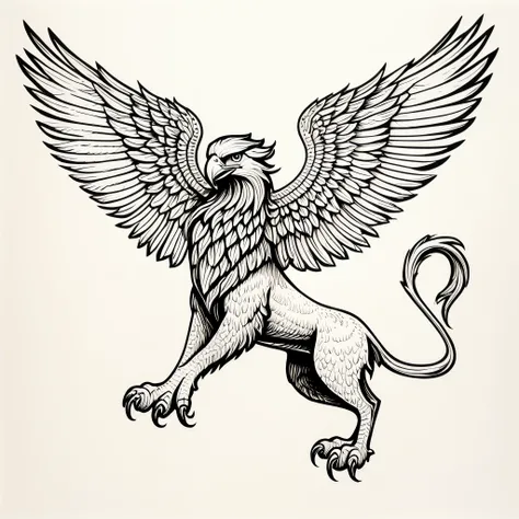 The delicate black and white line drawings on white paper depict the griffin, the legendary creature with the head of an eagle, the wings of an eagle, the body of a lion, and the talons of an eagle