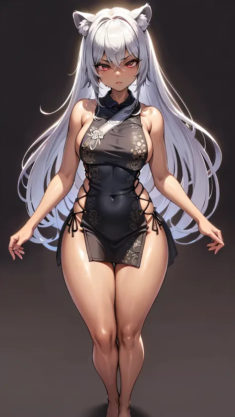 （dark skin),Silver Hair,((Fox Girl)),(Perfectly detailed face),(Young),twintails,((fine cloth texture, sleeveless leopard print cheongsam, slit at waist)),(wedgie),spread legs,High quality,Ultra detailed, best quality,insanely detailed,beautiful,masterpiec...