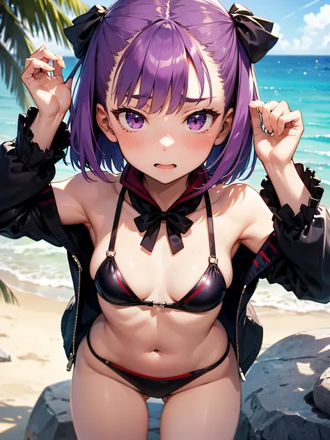 NSFW,masterpiece,Highest quality,High resolution,Very detailed,Helena Blavatsky(Fate/grandorder)、Purple Hair、short hair、（Purple eyes：1.1）,bikini,Small breasts,beach,Palm tree,Rock Shade,(Lustful face),(Frustrated face),Melted face,blush,(Young men),