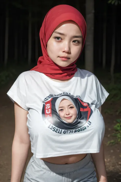 ((CROPPED CROPPED 77 NUMBER TSHIRT)), ((HIJAB GIRL STYLISH)) & ((WEARING HOTPANTS)), masutepiece, High quality, UHD 32K, Realistic face, Realistic skin feeling , A Japanese Lady, 5 matured lady, , Very cute (((FLAT CHEST))), (Night time at forest), ((look ...