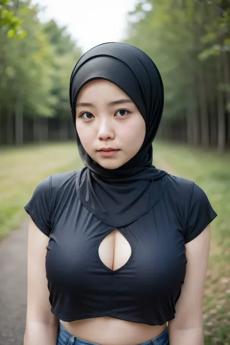 ((CROPPED CROPPED 77 NUMBER TSHIRT)), ((HIJAB GIRL STYLISH)) & ((WEARING HOTPANTS)), masutepiece, High quality, UHD 32K, Realistic face, Realistic skin feeling , A Japanese Lady, 5 matured lady, , Very cute (((FLAT CHEST))), (Night time at forest), ((look ...