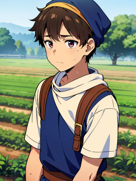 Highres, Masterpiece, Best quality at best,Best Quality,hight quality, hight detailed, Anime style, 1boy, a young farmer, bandana, simple clothes, cuddle, pretty face, Shota, young boy, t, 15-years-old, handsome, body,(very young boy), (very small and shor...