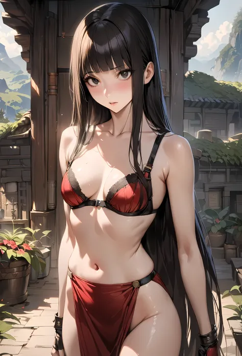 Fantasy art、((masterpiece,best quality anime,Highest quality:1.3)),realistic,portrait,1woman,(Mature Beauty),((very small head:1.4)),((very long body:1.3)),long hair,black hair,bangs,(gorgeous big eyes),black eyes,((slender body:1.3,skinny:1.2)),medium bre...