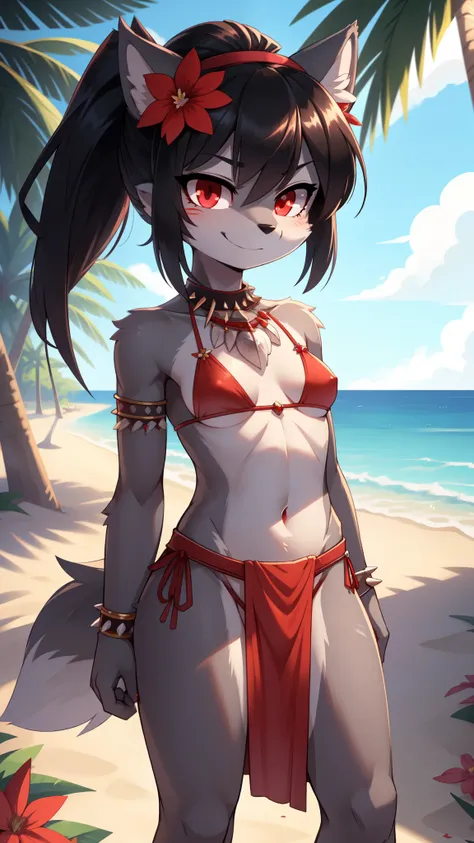 score_9,score_8_up,score_7_up, source_cartoon, source_furry, furry girl, wolf, black hair, punk hairstyle, huge long spiky ponytail, anime style, ((small breasts, flat chest)), red eyes, ((red bikini top, red loincloth, tribal, jewels, flower on hair)), hi...