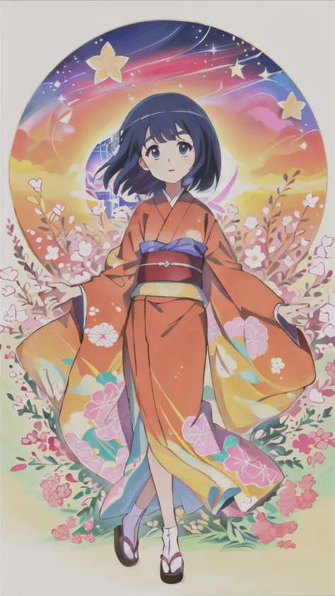 anime girl in kimono outfit walking in a field of flowers, official art, in a kimono, official artwork, inspired by Tani Bunchō, official illustration, inspired by Takehisa Yumeji, official anime artwork, in kimono, satoshi kon artstyle, mitsumayo, anime s...