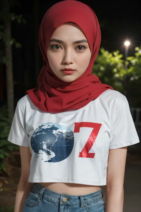 ((CROPPED CROPPED 77 NUMBER TSHIRT)), ((HIJAB GIRL STYLISH)) & ((WEARING HOTPANTS)), masutepiece, High quality, UHD 32K, Realistic face, Realistic skin feeling , A Japanese Lady, 5 matured lady, , Very cute (((FLAT CHEST))), (Night time at forest), ((look ...