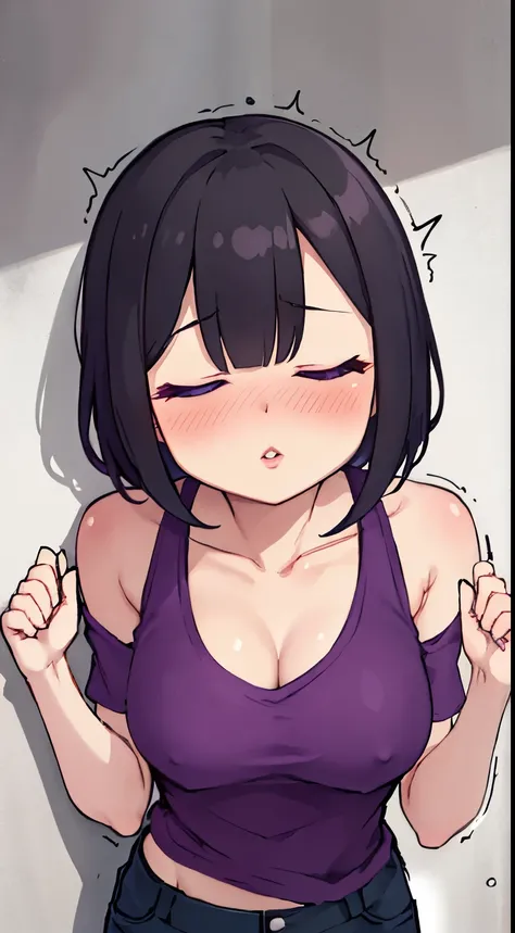 a short sexy woman wearing purple t shirt and black tracks, pinned against the wall, eyes closed, lips parted, blushing intensely, ready to kiss