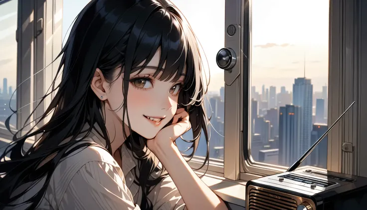 , High resolution, masterpiece, Highest quality, Ultra high definition, One person, solo, Beautiful Face, Black Hair, Looking out the window, Listening to the radio, Smiling, 