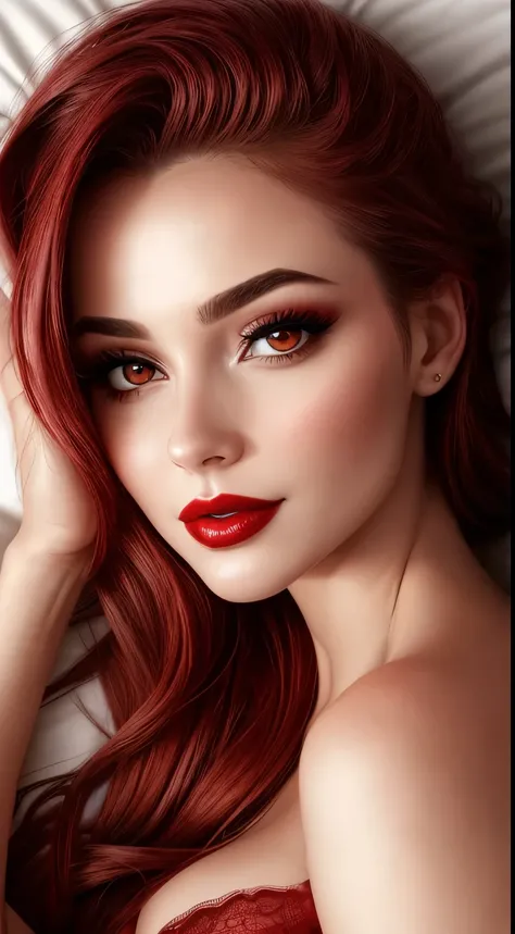 Amazing portrait of a woman who is 30 years old and an adult and a sexy woman who is blushing hard wearing red makeup with her hands pinned to the side as shes lying on bed with her head on pillow facing up pinned as playful turned sexy with her mouth part...