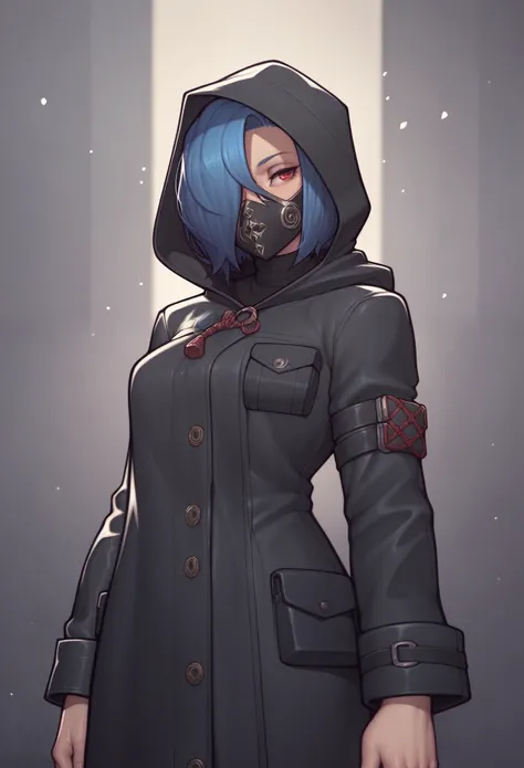 _asura style, 1girl, solo, blue hair, red eyes, mask, hair over one eye, hood, black raincoat, cowboy shot, night background