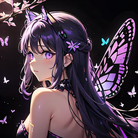 Many purple butterflies、Background black、Line Art、Neon lights