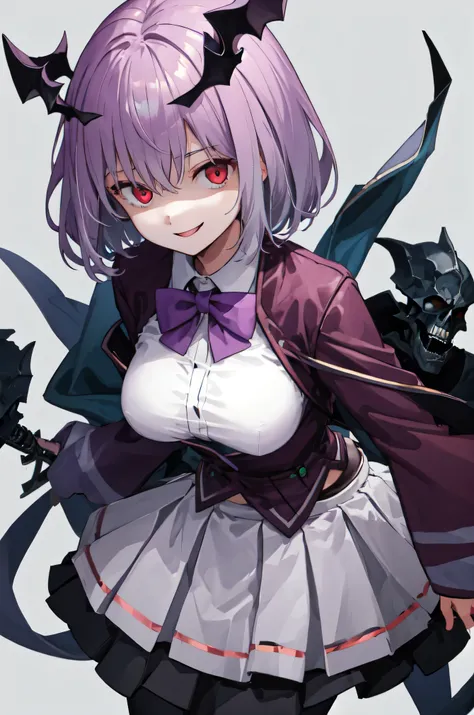 male, short hair, Red eyes, Large Breasts, Purple bow tie, Collared shirt, White shirt, Purple Jacket, Partially defrosted, Long sleeve, Sleeves are longer than the wrist, Pleated skirt, Black Skirt, pantyhose, smile, Waist clothes, night, dark, room, Shin...