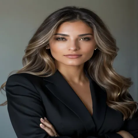 a close up of a woman with long hair and a suit, woman in business suit, woman in black suit, photo of a beautiful woman, looks like Laura Barriales, professional foto, por Jeanna Bauck, Alana Fletcher, profile image, Foto de uma mulher, headshot portrait,...