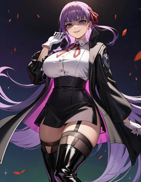  Isoscale, Mid Shot,  night, ,,, Purple Hair, Black jacket, White shirt, Black Skirt, Red ribbon, Big Breasts, Purple eyes, White gloves, Long Hair, Large collar, Wicked Smile,,Thigh-high boots,(Wicked Smile:1.3),Highly detailed CG Unity 8k wallpaper, Perf...