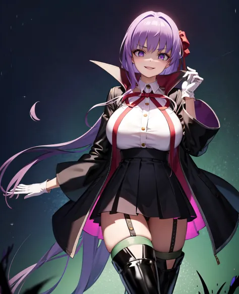  Isoscale, Mid Shot,  night, ,,, Purple Hair, Black jacket, White shirt, Black Skirt, Red ribbon, Big Breasts, Purple eyes, White gloves, Long Hair, Large collar, Wicked Smile,,Thigh-high boots,(Wicked Smile:1.3),Highly detailed CG Unity 8k wallpaper, Perf...