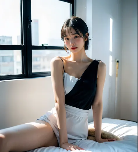 Top quality, one beautiful woman, black color hair ,  natural make , sunlit room during the early morning. The woman is wearing a loose, light-colored dress, partially revealing her body in a casual yet elegant manner. The room is bathed in soft,  morning ...