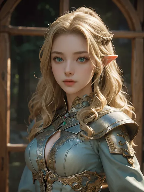 One girl, masterpiece, Highest quality, 8k, Detailed skin texture, Detailed cloth texture, Beautifully detailed face, Intricate details, Super detailed, European Elves, Green Eyes, Blonde has curly hair, 3D Characters, Medieval Elven Knight