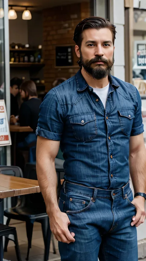 Adult man, thirty years old, robust, little beard and mustache, modern hair, checked shirt, blue jeans. Outside a cafeteria.