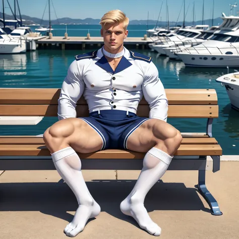 full body view, a blond young musuclar man wearing a sailor suit made out of tight navy blue and white rubber and a steel collar, in white socks , fashion haircut with spikes, sitting in his socks on a bench on the pontoon of the marina of Antibes, showing...