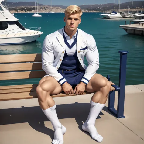 full body view, a blond young musuclar man wearing a sailor suit made out of tight navy blue and white rubber and a steel collar...