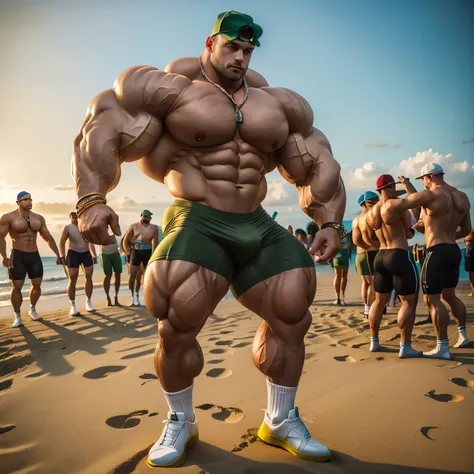 full view full body, 2 buzzcut white bodybuilder over-muscular men, wearing olive-green lycra cyclist shorts, golden rings, necklaces, bracelets, white long pulled-up OverPed logo socks, olive-green steel cap toe low-boots, dancing at a beach party in Miam...