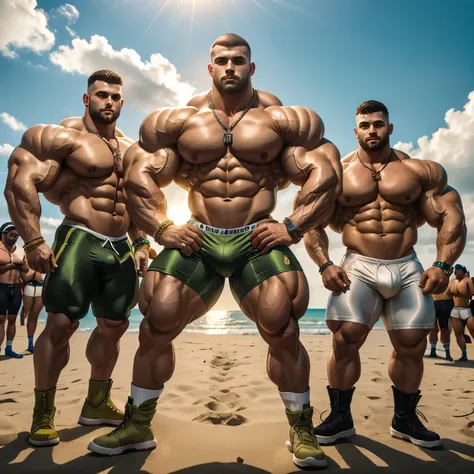 full view full body, 2 buzzcut white bodybuilder over-muscular men, wearing olive-green lycra cyclist shorts, golden rings, necklaces, bracelets, white high pulled-up OverPed long socks, olive-green steel  toe fashion boots, dancing at a beach party in Mia...