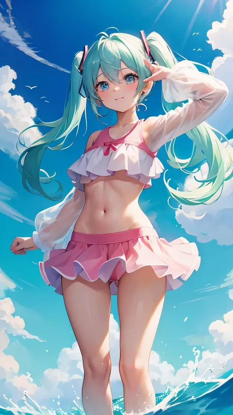 (anime-style cute face)、Hatsune Miku,最high quality, （（Sharp details））, (8k, RAW Photos, 最high quality, masterpiece), (looking at the camera),Cute Smile、Very big eyes、anatomically correct body、Big thighs、Muscular woman、The face is bright、Professional Lighti...