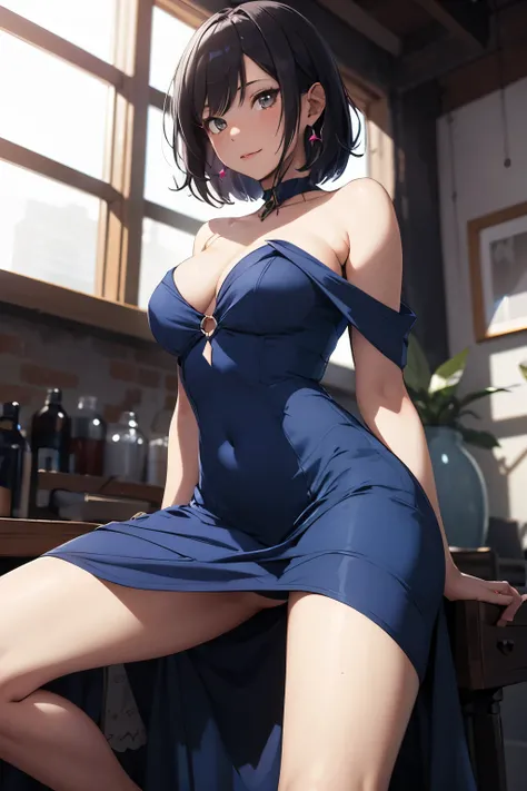 a woman in a Blue clothes posing for the camera, wearing Blue clothes, Sexy Dress, in Blue clothes, Open dress, wearing a Blue clothes, Blue clothes, Tight Dress, エレガントなWearing a dress, Wearing a dress, wearing a plastic Blue clothes, Strapless Dress, Smoo...