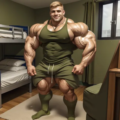 one young blond military haircut bodybuilder man, massive pecs and biceps, massive muscular torso, massive legs, wearing green olive tank top showing off his massive muscles, green olive shorts, silver necklace, big ruby ancient ring on right hand finger ,...