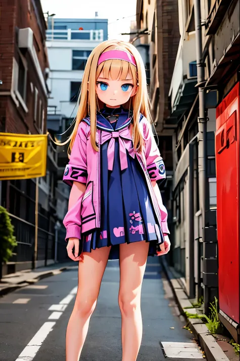 anime girl in a dress and headband standing in front of a building, digital cyberpunk anime art, digital cyberpunk - anime art, ...