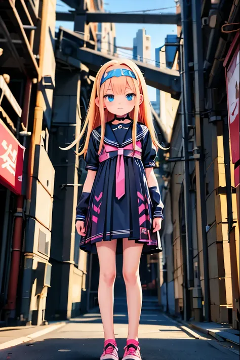 anime girl in a dress and headband standing in front of a building, digital cyberpunk anime art, digital cyberpunk - anime art, ...