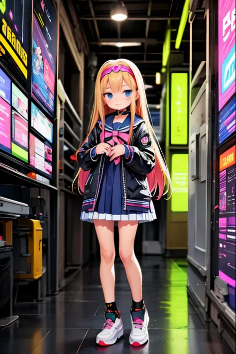 anime girl in a dress and headband standing in front of a building, digital cyberpunk anime art, digital cyberpunk - anime art, ...