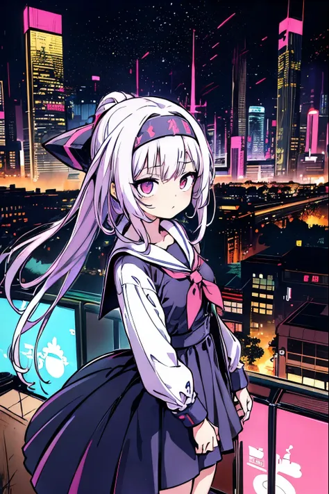 (anime girl in a dress and headband standing in front of a building, digital cyberpunk anime art, digital cyberpunk - anime art,...