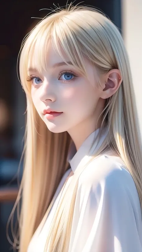Very beautiful blonde hair、Bright Blue Eyes、Beautiful Girl、1 Nordic beauty、Shiny, super long, straight, silky hair、Beautiful natural platinum blonde、Very bright, large light blue eyes that shine beautifully、Double eyelids、Big eyes、Small Face Beauty、round f...