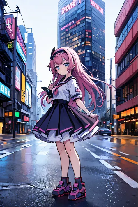 (anime girl in a dress and headband standing in front of a building, digital cyberpunk anime art, digital cyberpunk - anime art,...