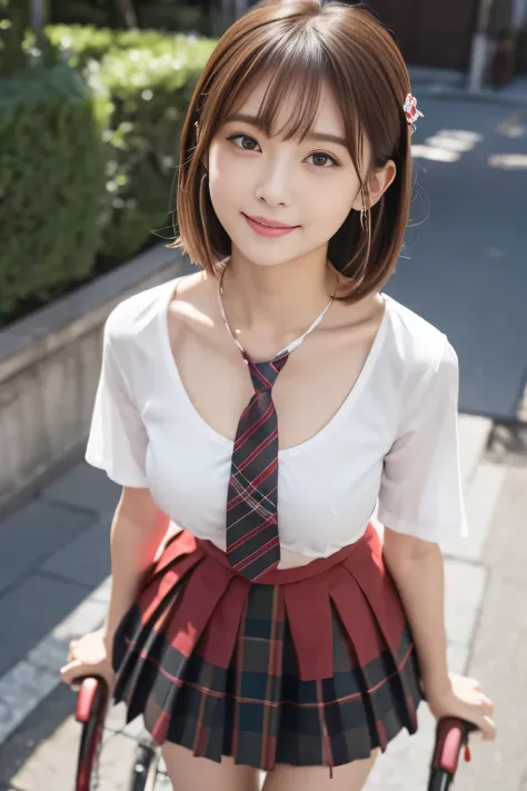 1 girl、Blushing、Riding a red bike、Smiling shyly、Staring at the audience、Optics、Big ample breasts、White open shirt clinging to the chest、Tartan Check Skirt、Girl in Japanese uniform、Floral、hairpin、necklace、Earrings、Leaning forward、Looking up from below、Depth...