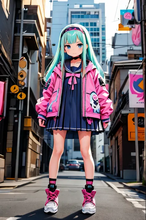 anime girl in a dress and headband standing in front of a building, digital cyberpunk anime art, digital cyberpunk - anime art, ...